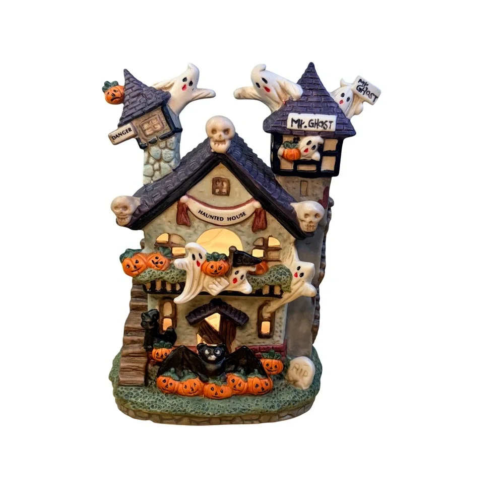 Vintage Haunted House 1990s Ceramic Ghost Pumpkin Halloween Light Up Village